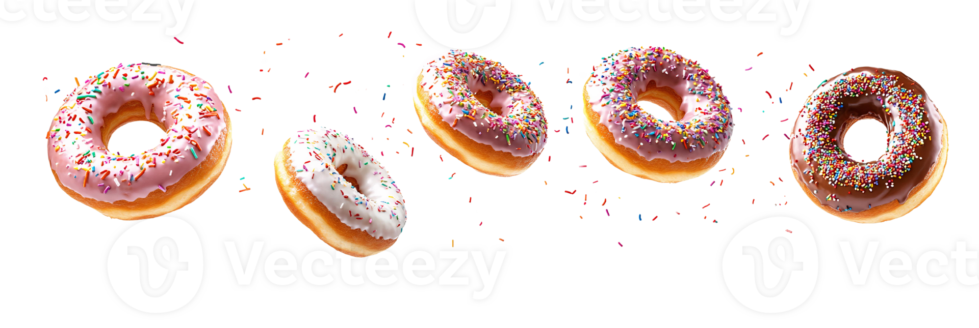 Tasty Frosted Donuts with Colorful Toppings Isolated on Transparent Background png