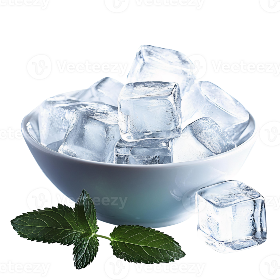 Ice cubes in bowl with mint leaves on transparent background png