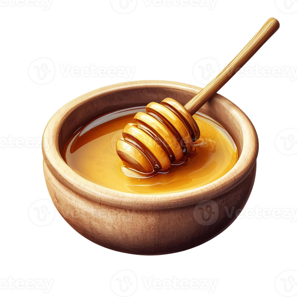 Honey in wooden bowl with dipper on transparent background png