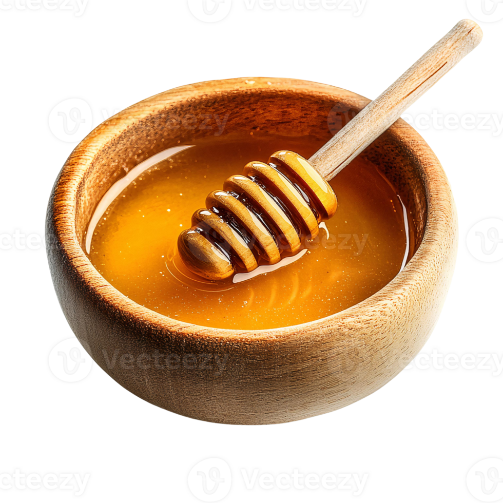 Honey in wooden bowl with honey dipper on transparent background png