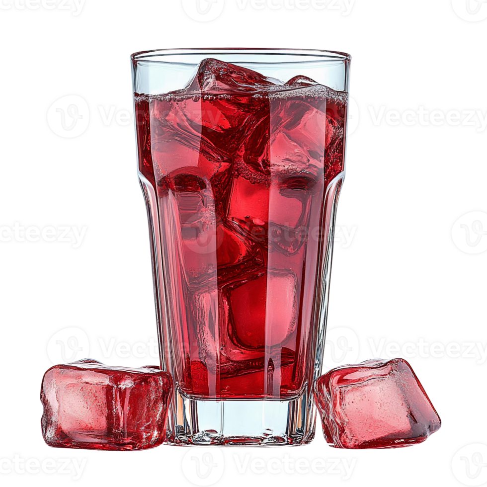 Red soda drink with ice cubes in glass, isolated on black png
