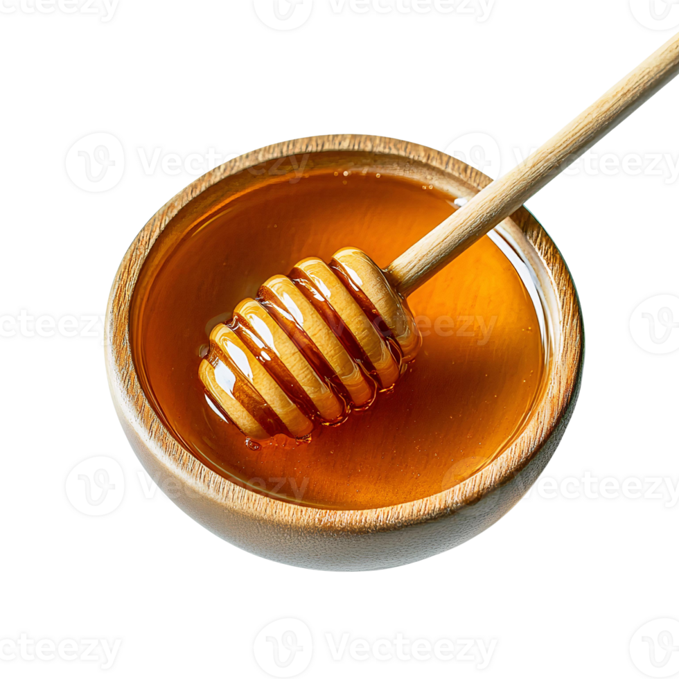 Fresh Organic Honey in Wooden Container with Drizzling Dipper on Transparent Background png