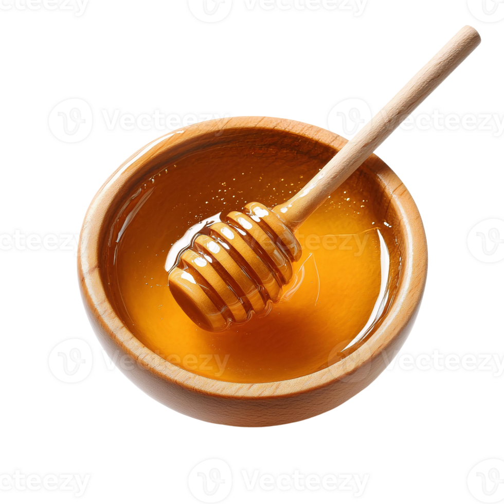 Fresh Honey in Wooden Container with Dripping Dipper on Transparent Background png