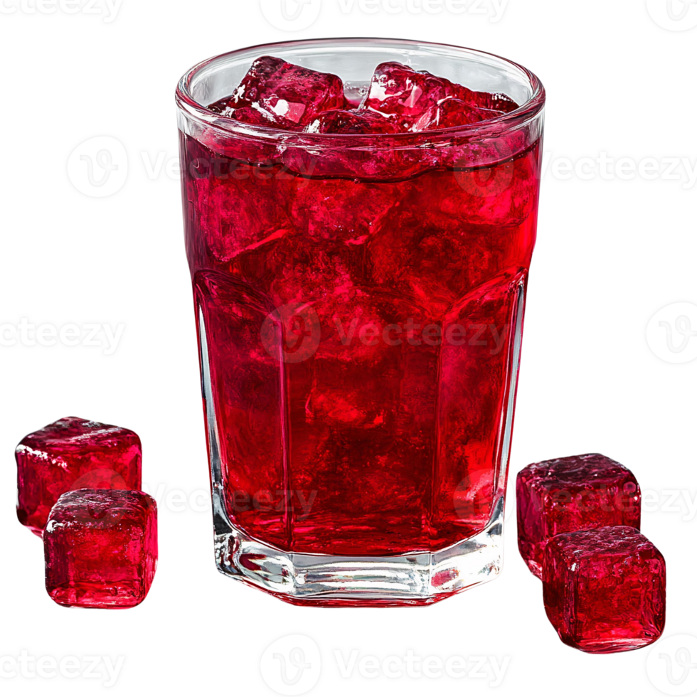 Red drink with ice cubes in glass, isolated on black png