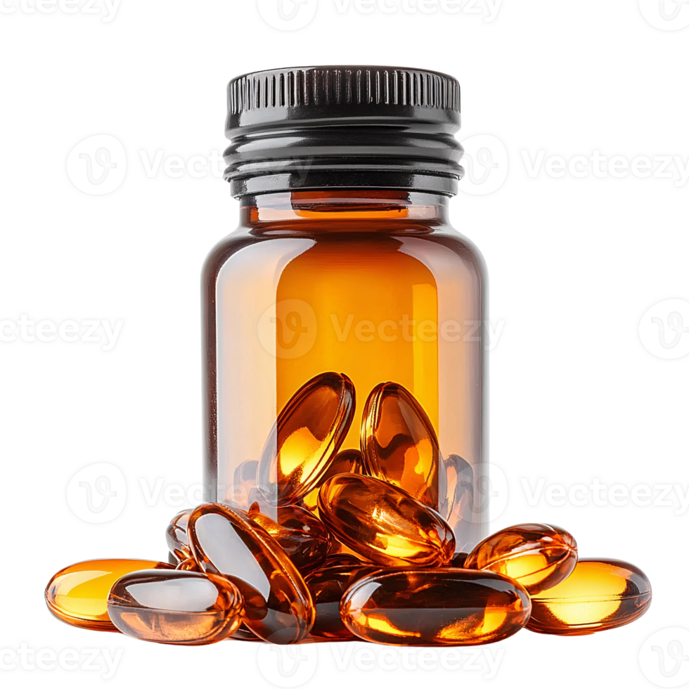 Amber gel capsules in brown bottle on transparent background png