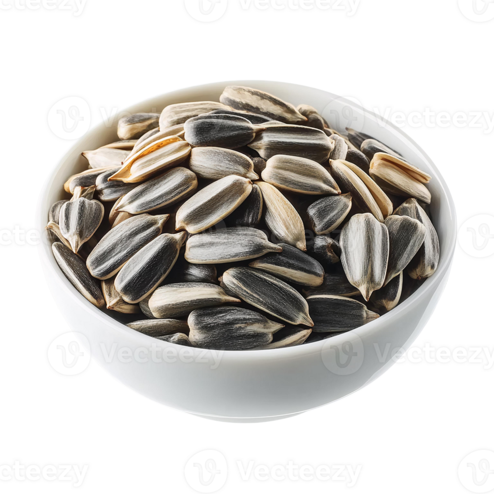 Sunflower seeds in white bowl, isolated on transparent background png