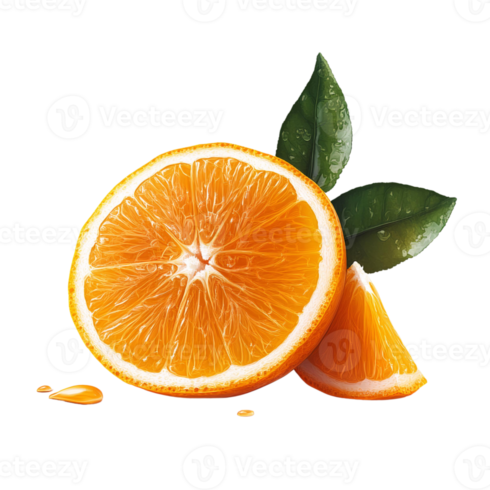 Juicy orange slice with leaves on transparent background png