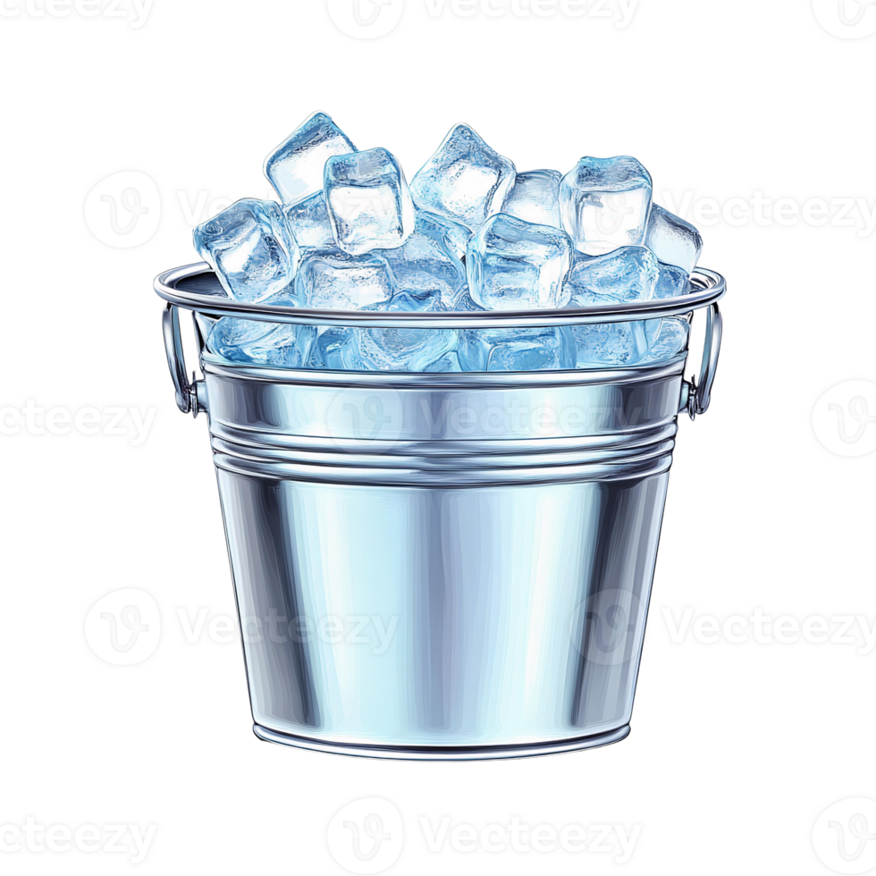 Metal ice bucket with ice cubes on transparent background png