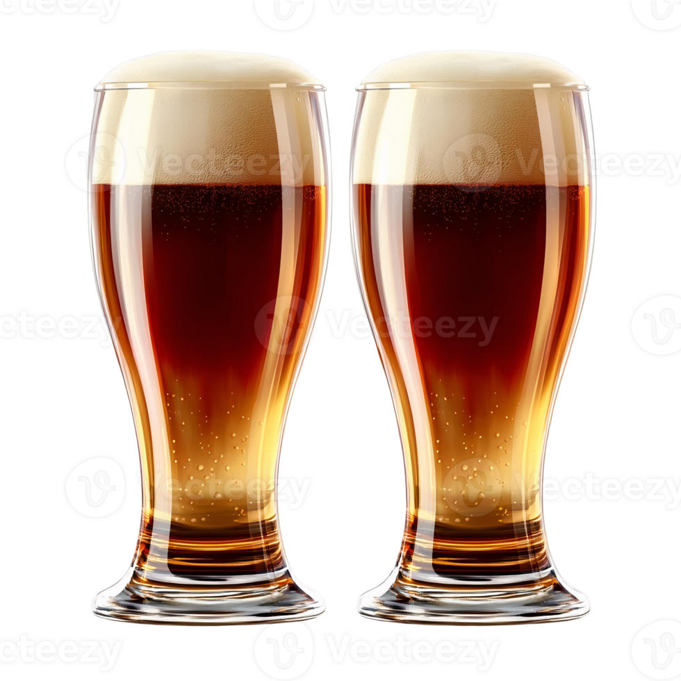 Two glasses of amber beer with head on transparent background png
