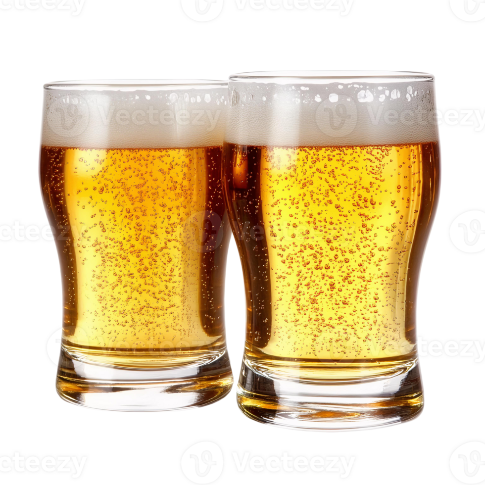 Two glasses of frothy golden beer on transparent background png