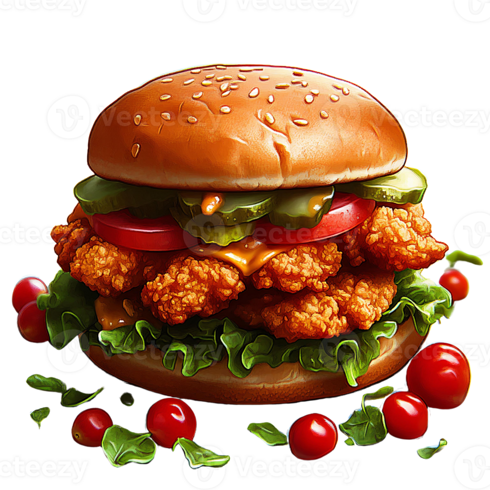 Crispy chicken burger with sesame bun and tomatoes on transparent background png