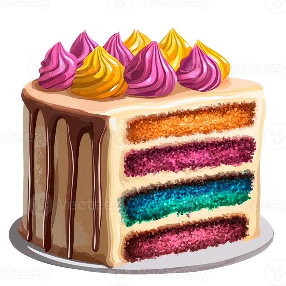 Rainbow layer cake with chocolate drizzle and buttercream topping on transparent background png
