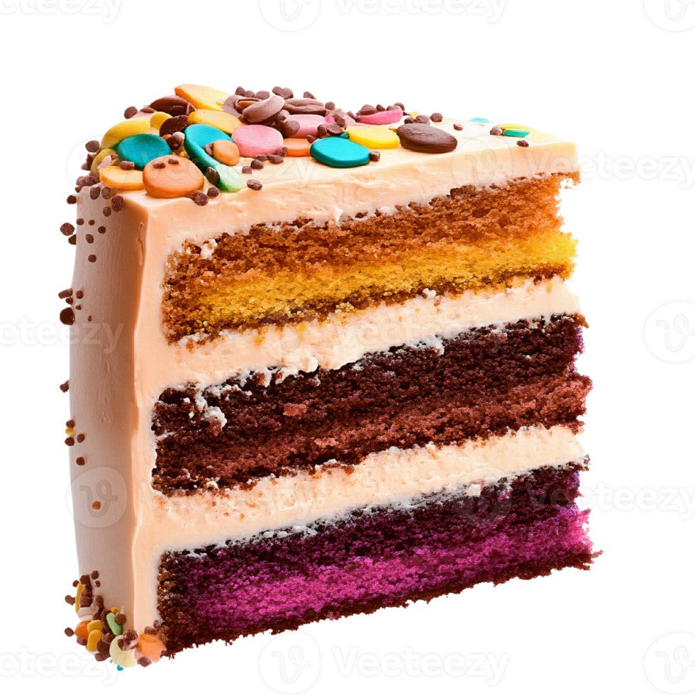 Layered chocolate cake slice with colorful sprinkles on transparent background png