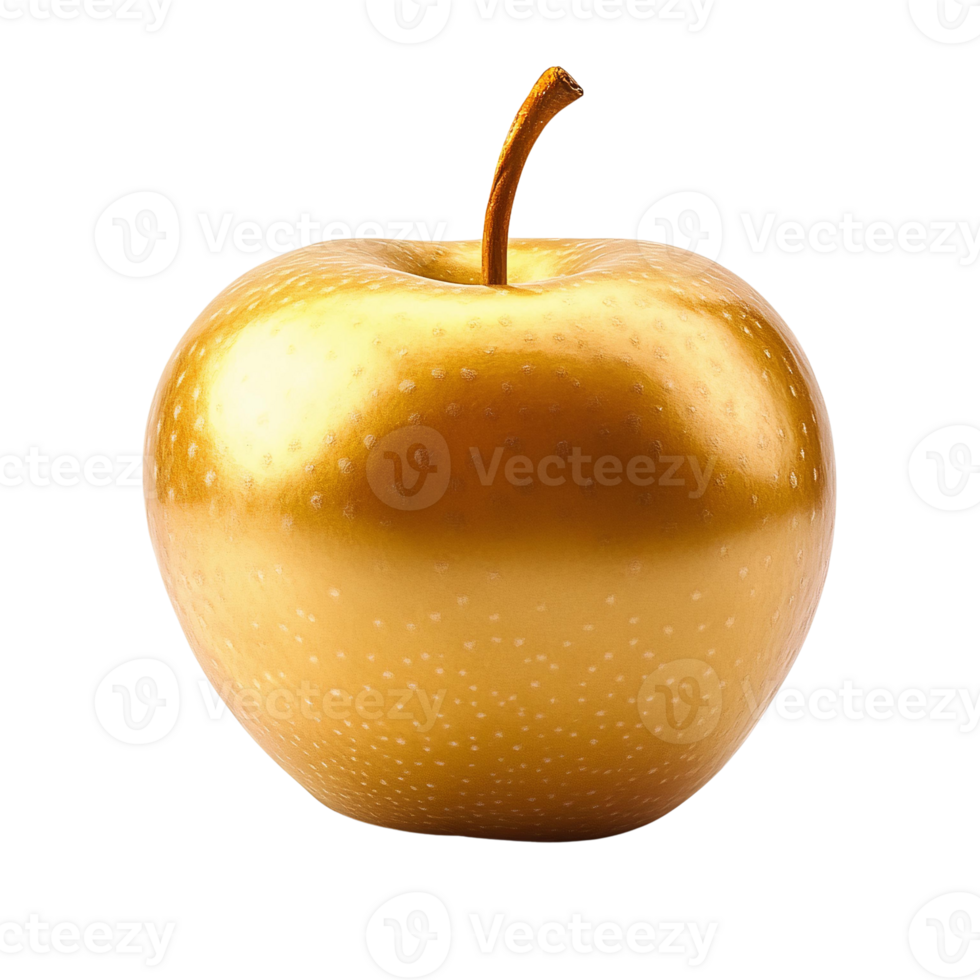 Golden apple on transparent background, shiny fruit, realistic illustration png