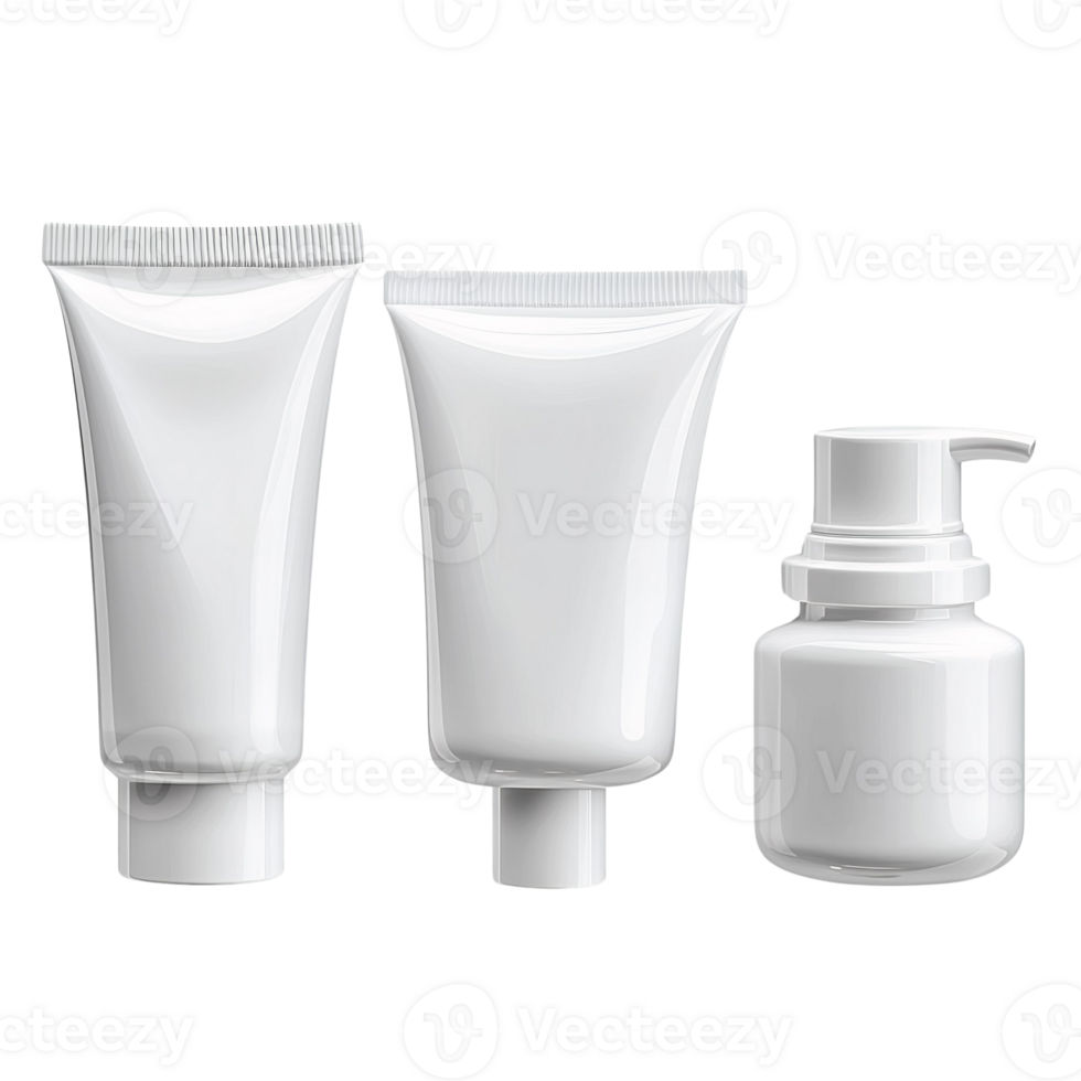 White cosmetic tubes and pump bottle mockup on transparent background png