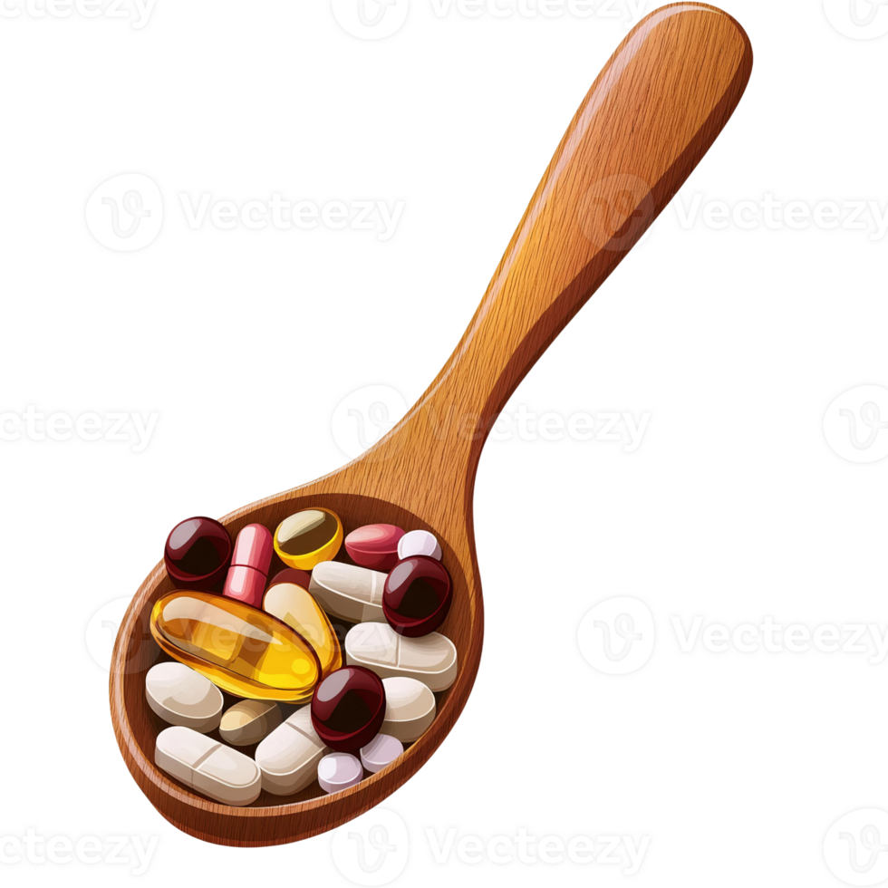 Wooden Spoon with Colorful Pills and Capsules Isolated on Transparent Background png