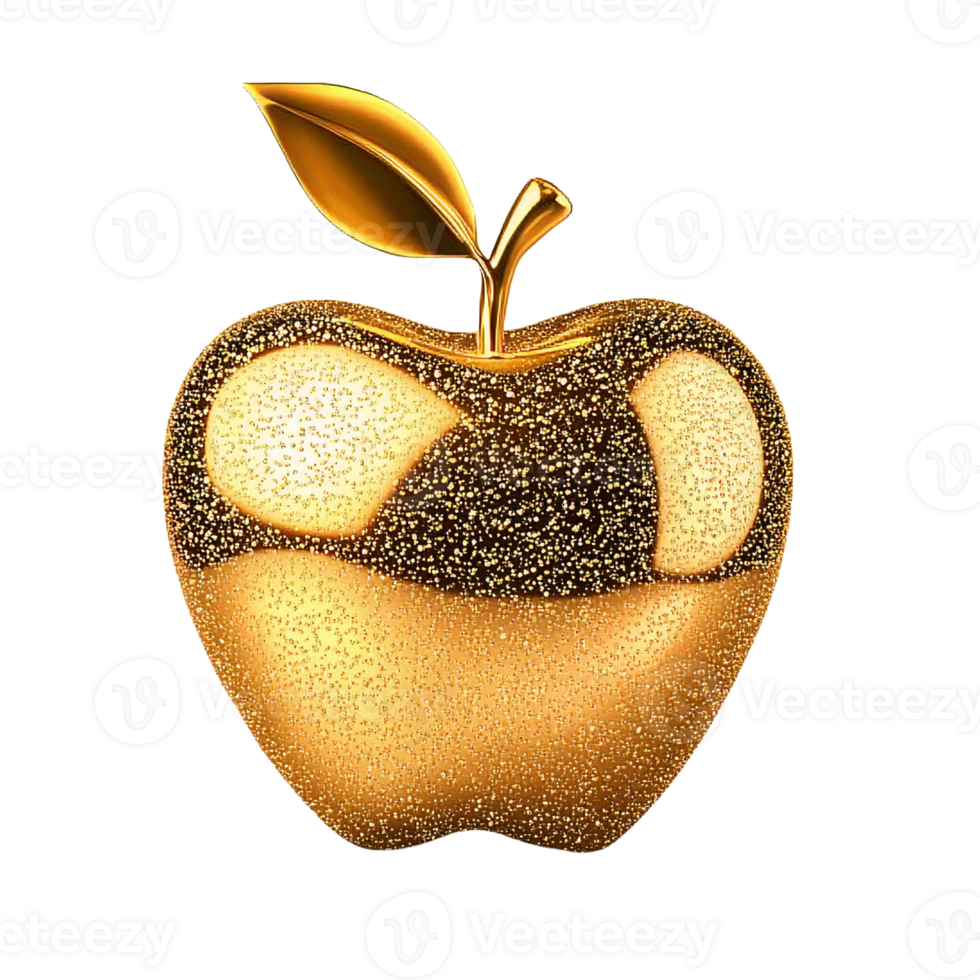Golden apple with sparkling texture on transparent background png