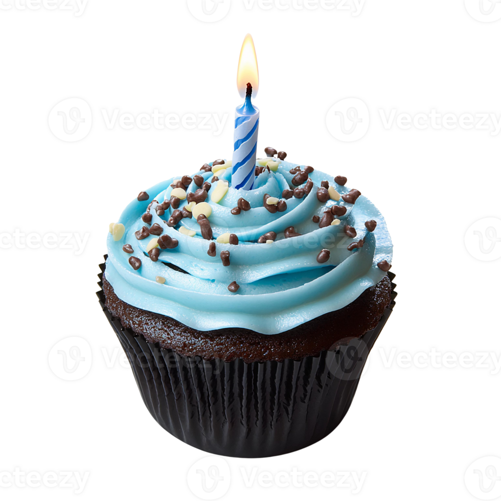 Blue frosting chocolate cupcake with candle on transparent background png