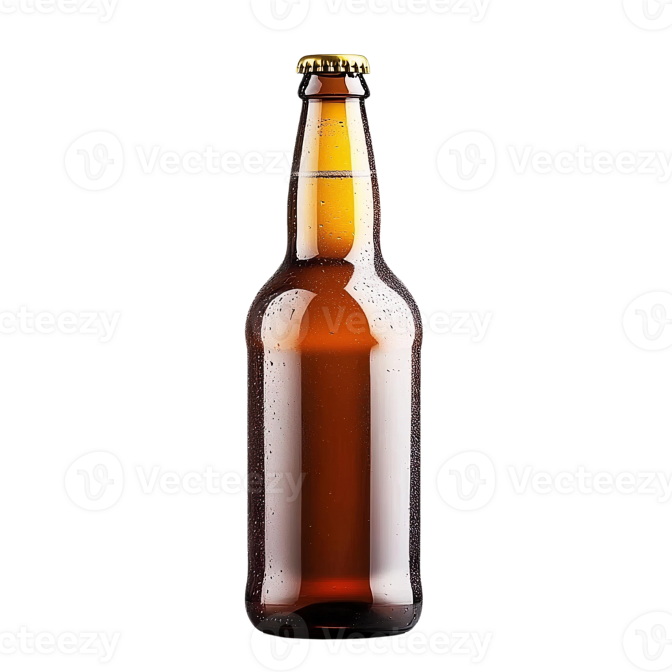 Cold Amber Beer Bottle with Condensation Isolated on Transparent Background png