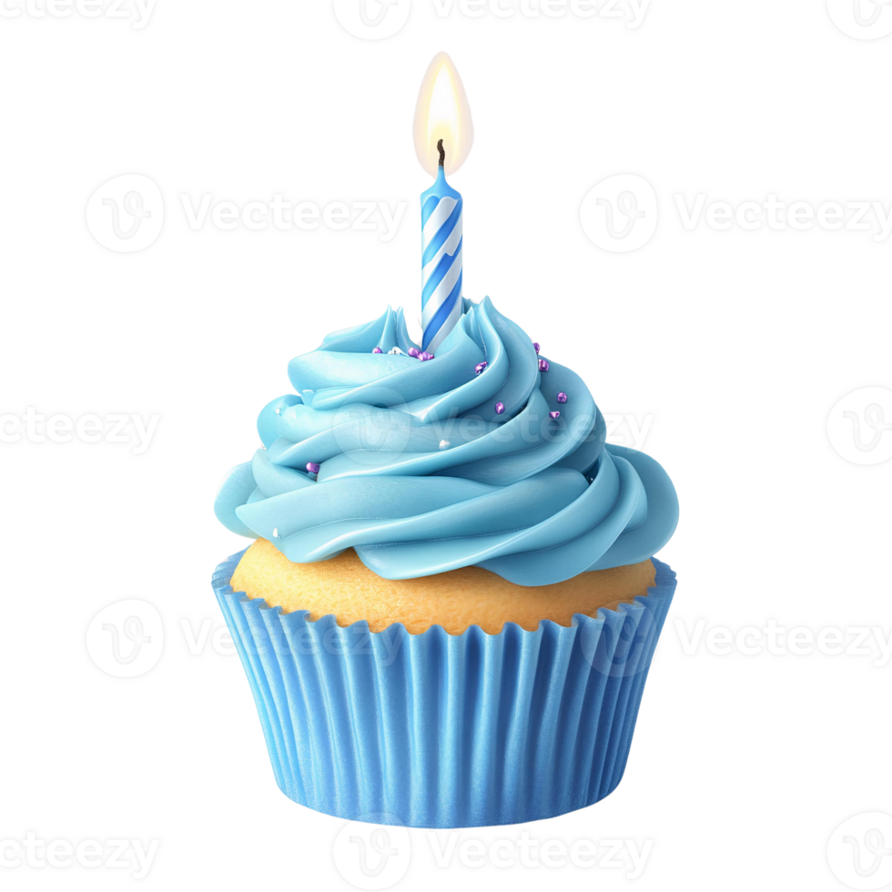 Blue swirled cupcake with candle on transparent background png