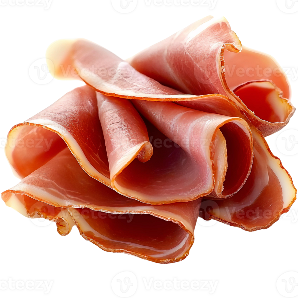 Prosciutto slices on transparent background, close-up food photography png