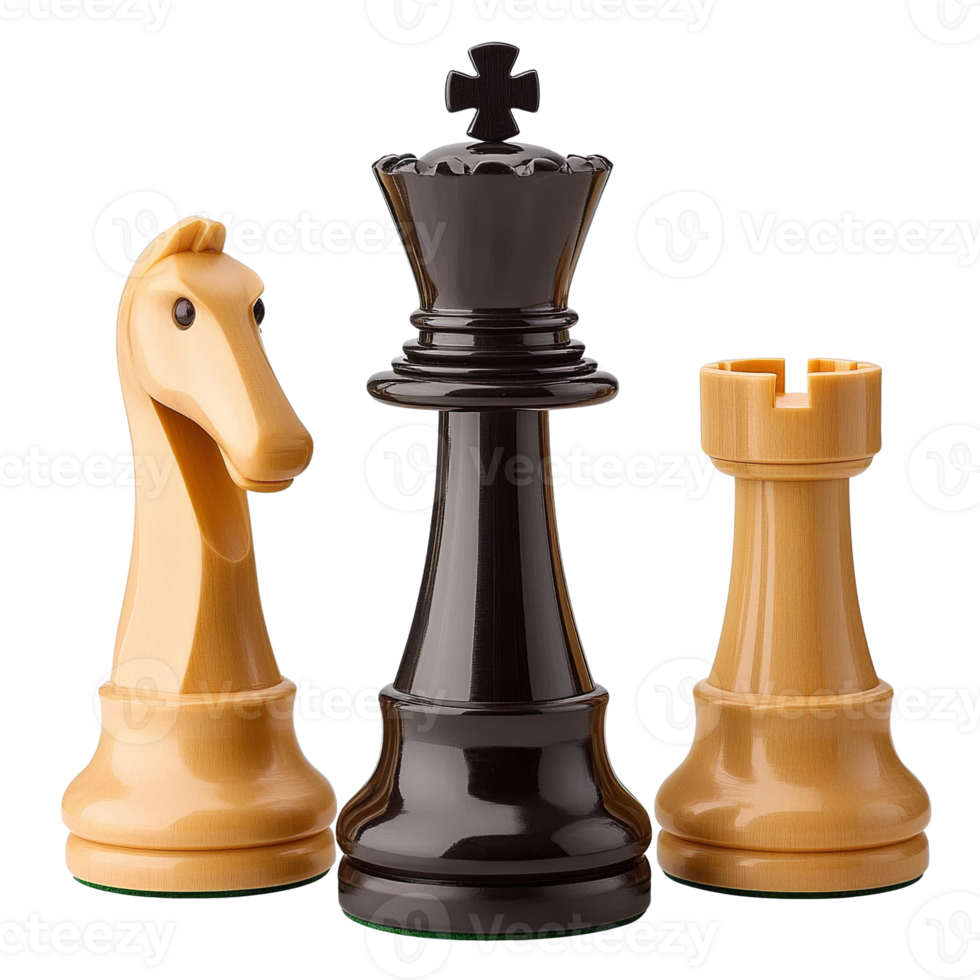 Chess pieces on white background knight rook king closeup png