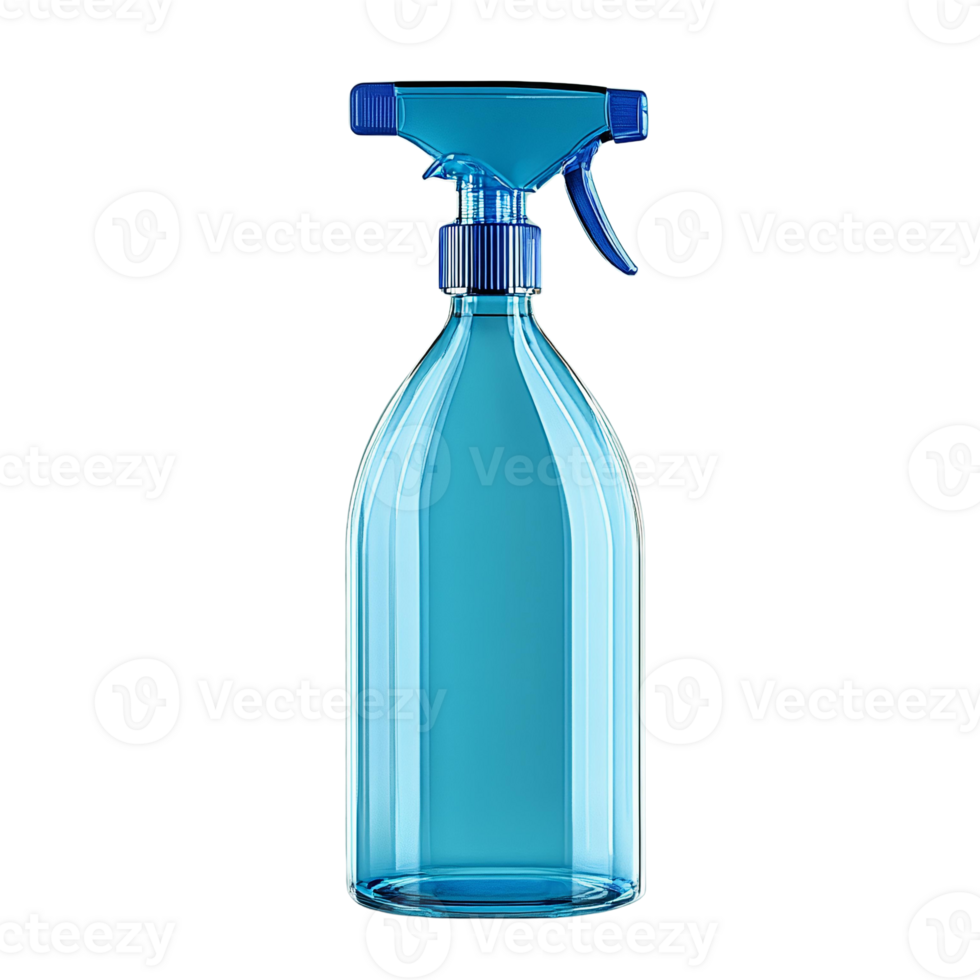 Blue glass spray bottle with trigger sprayer on transparent background png