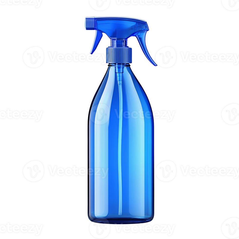 Blue plastic spray bottle with trigger sprayer on transparent background png