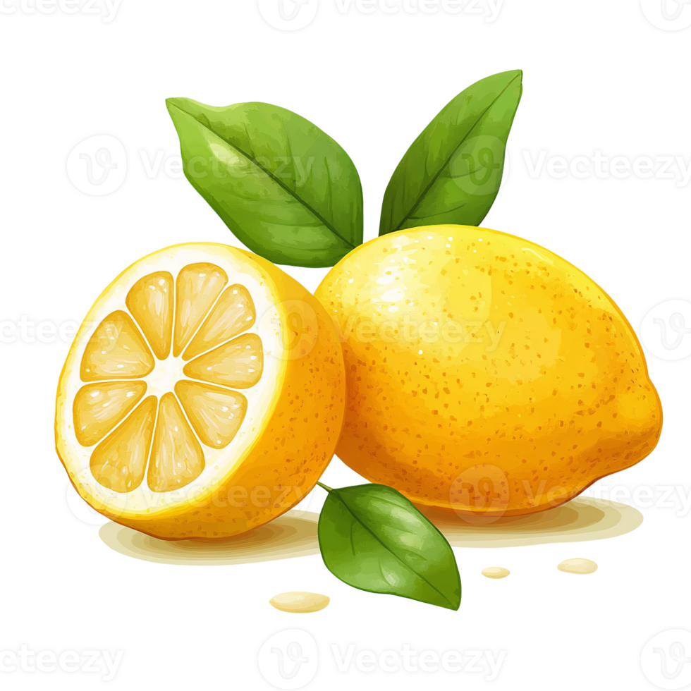 Juicy lemon halved with whole lemon and leaves on white background png