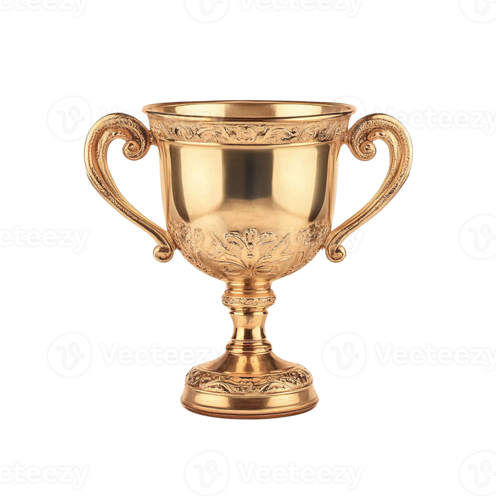 Gold trophy cup with ornate details on white background png