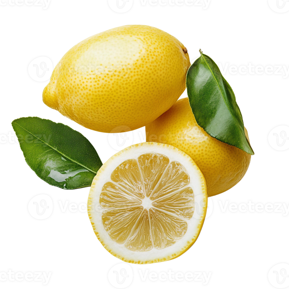 Yellow lemons with green leaves on transparent background png