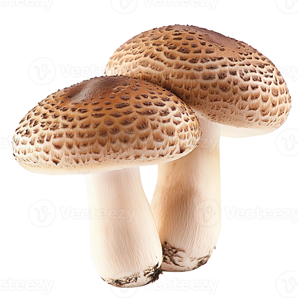 Brown mushrooms on transparent background, closeup two fresh mushrooms png
