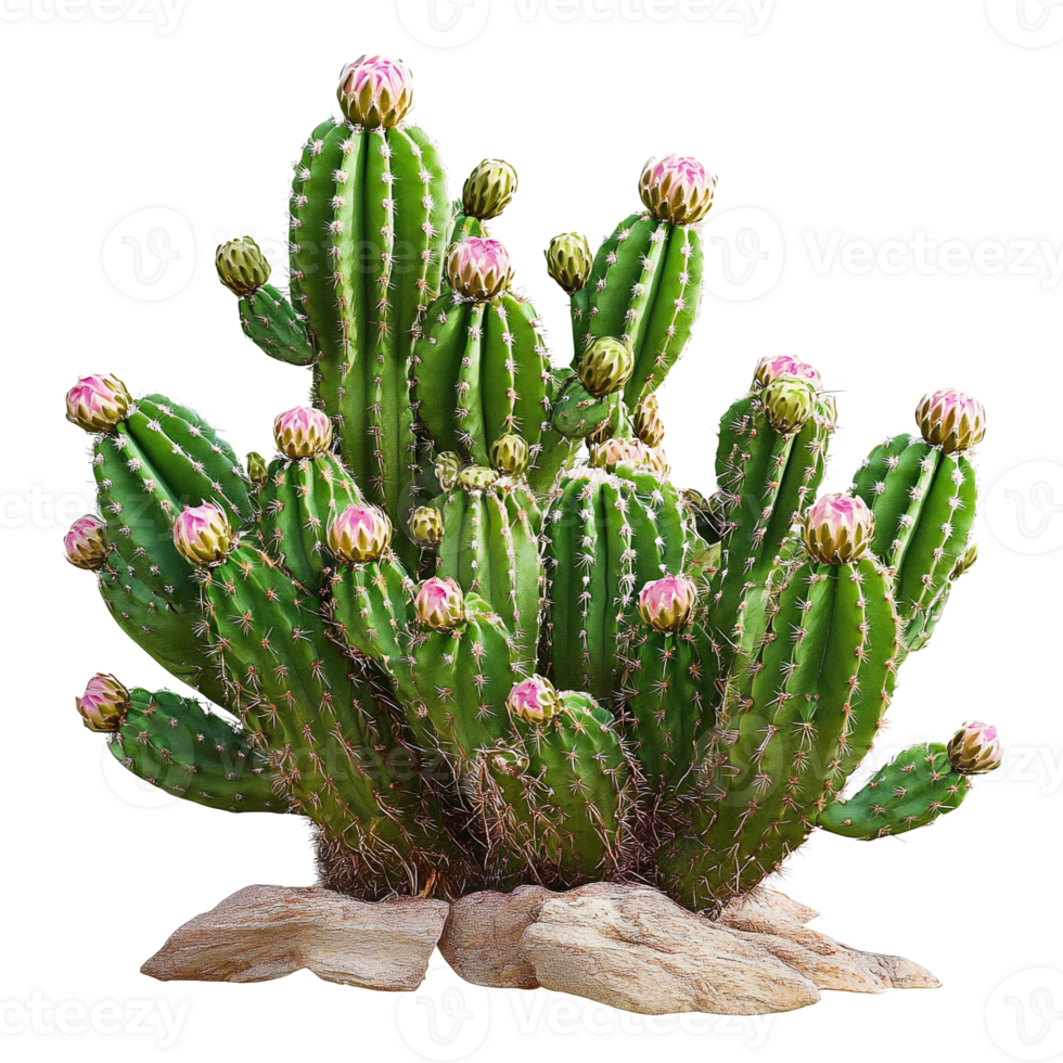 Green cactus with pink buds on transparent background png