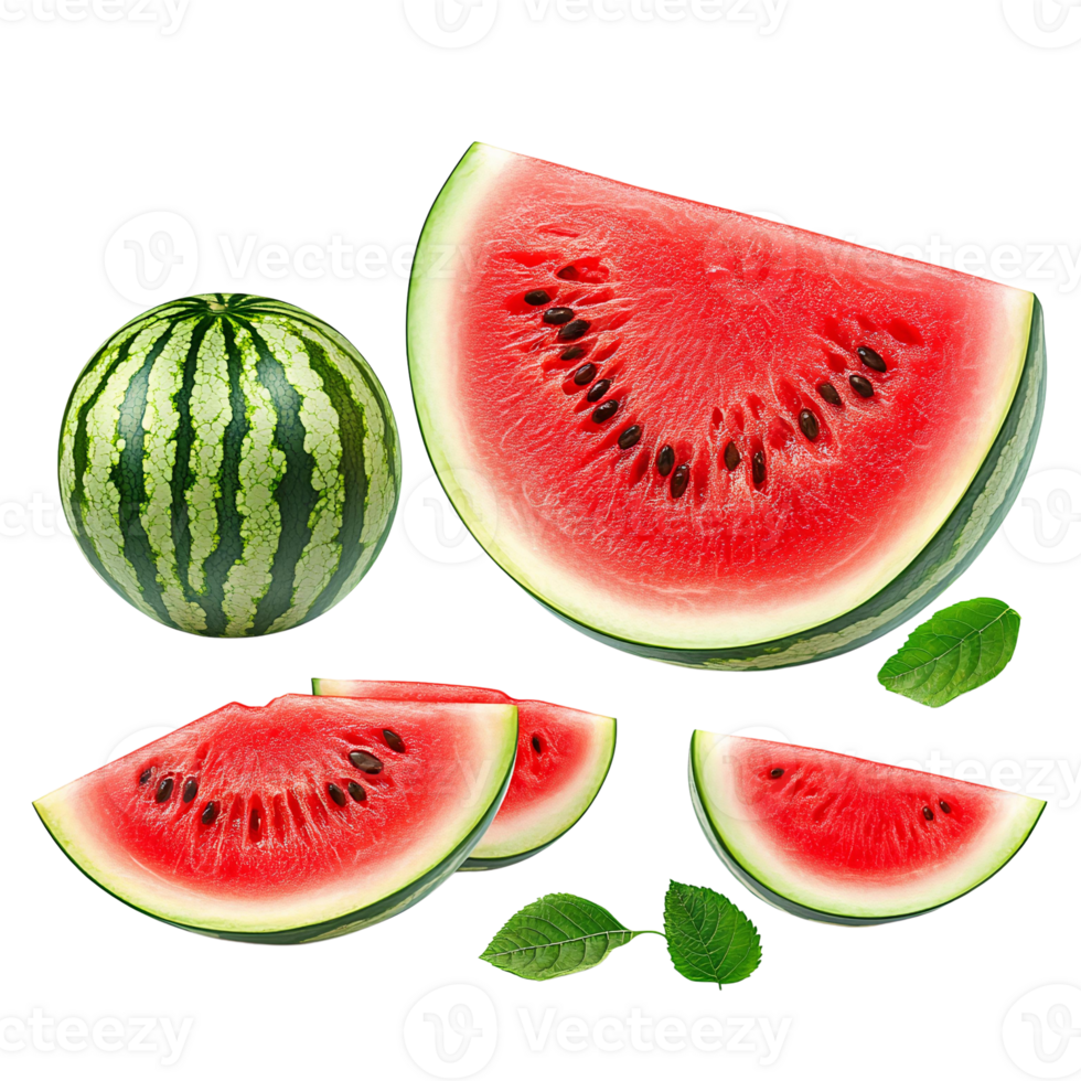 Watermelon slices and whole fruit on transparent background png