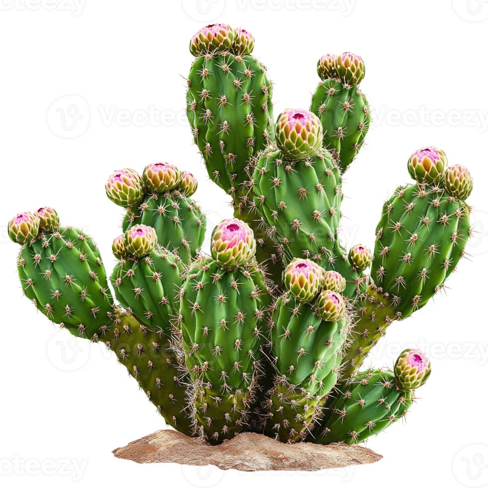 Green cactus with pink buds isolated on transparent background png