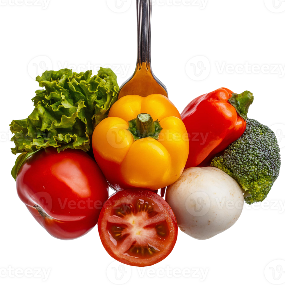 Vibrant vegetables on a fork on transparent background png