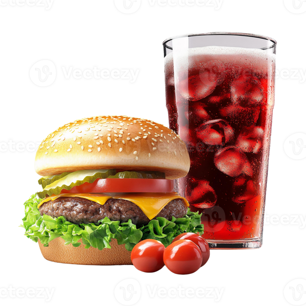 Juicy cheeseburger with soda and cherry tomatoes on transparent background png