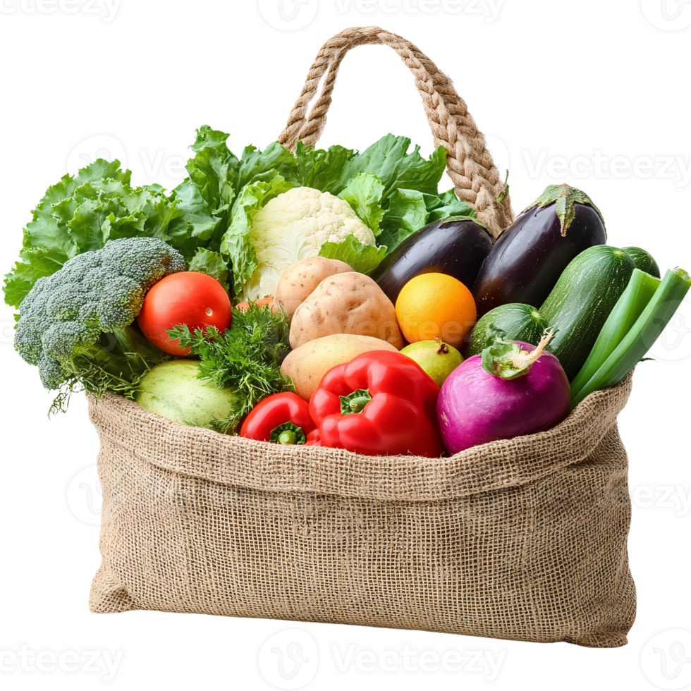 Burlap sack of fresh vegetables and fruits isolated on black png