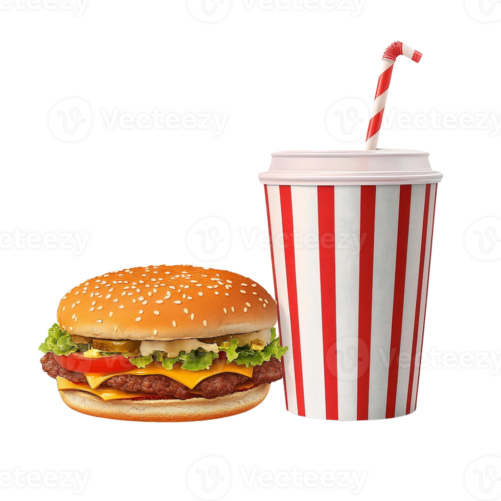 Cheeseburger and soda combo on transparent background png