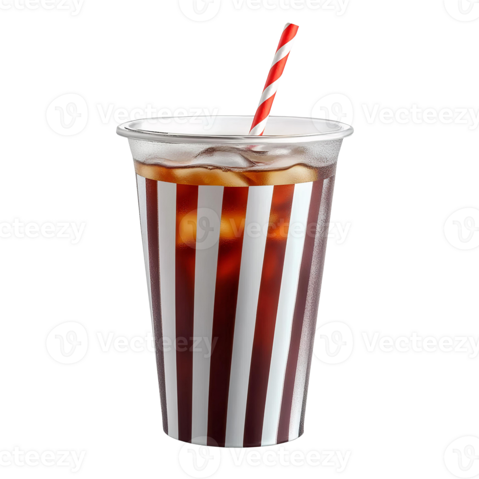 Iced coffee in striped cup with straw on transparent background png