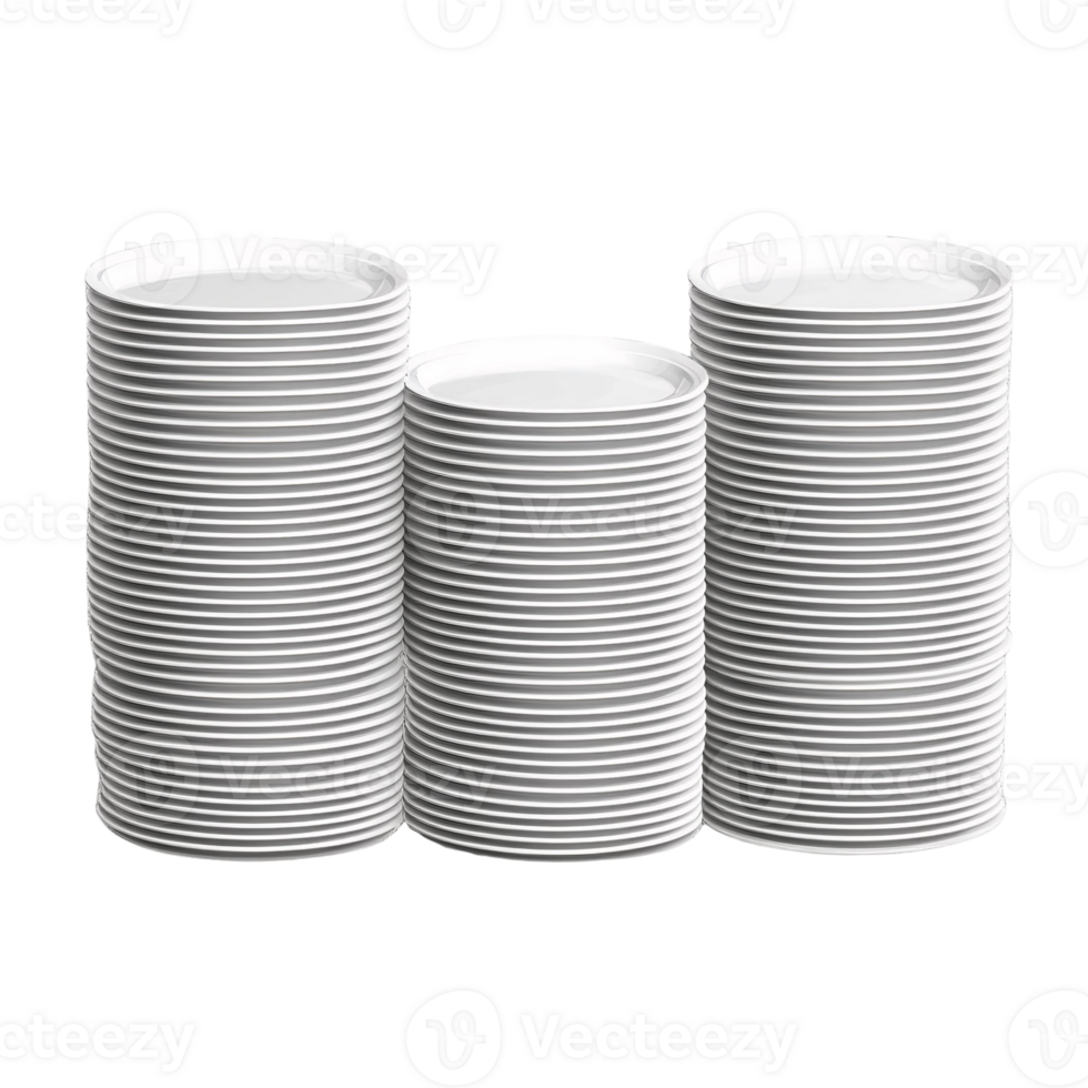 White round plates stacked high on transparent background png