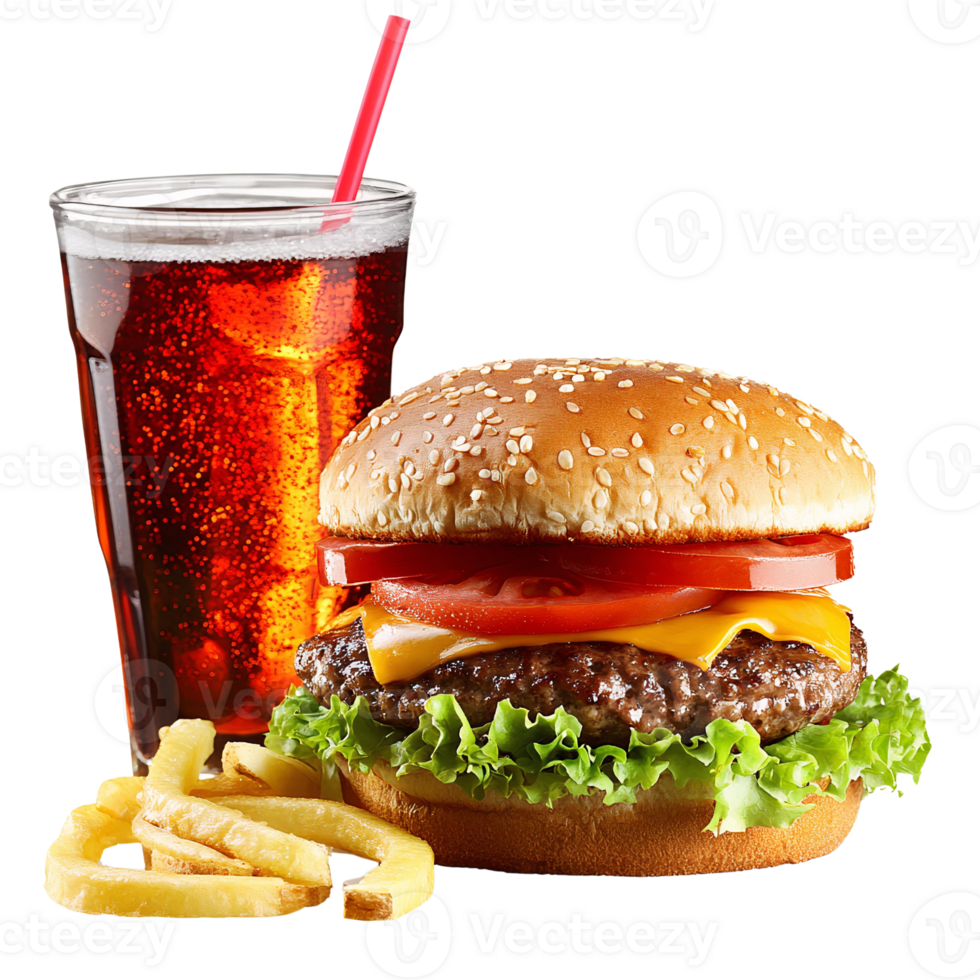 Juicy cheeseburger with french fries and soda on transparent background png