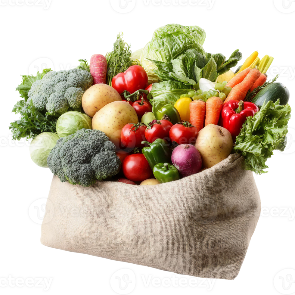 Fresh vegetables in burlap sack on transparent background png