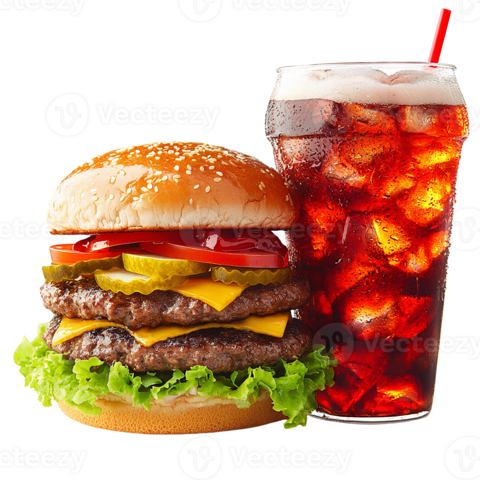 Double cheeseburger and soda on transparent background png