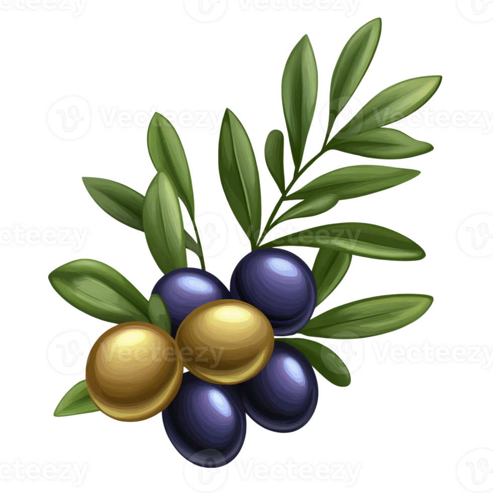 Dark purple and gold berries with green leaves on transparent background png