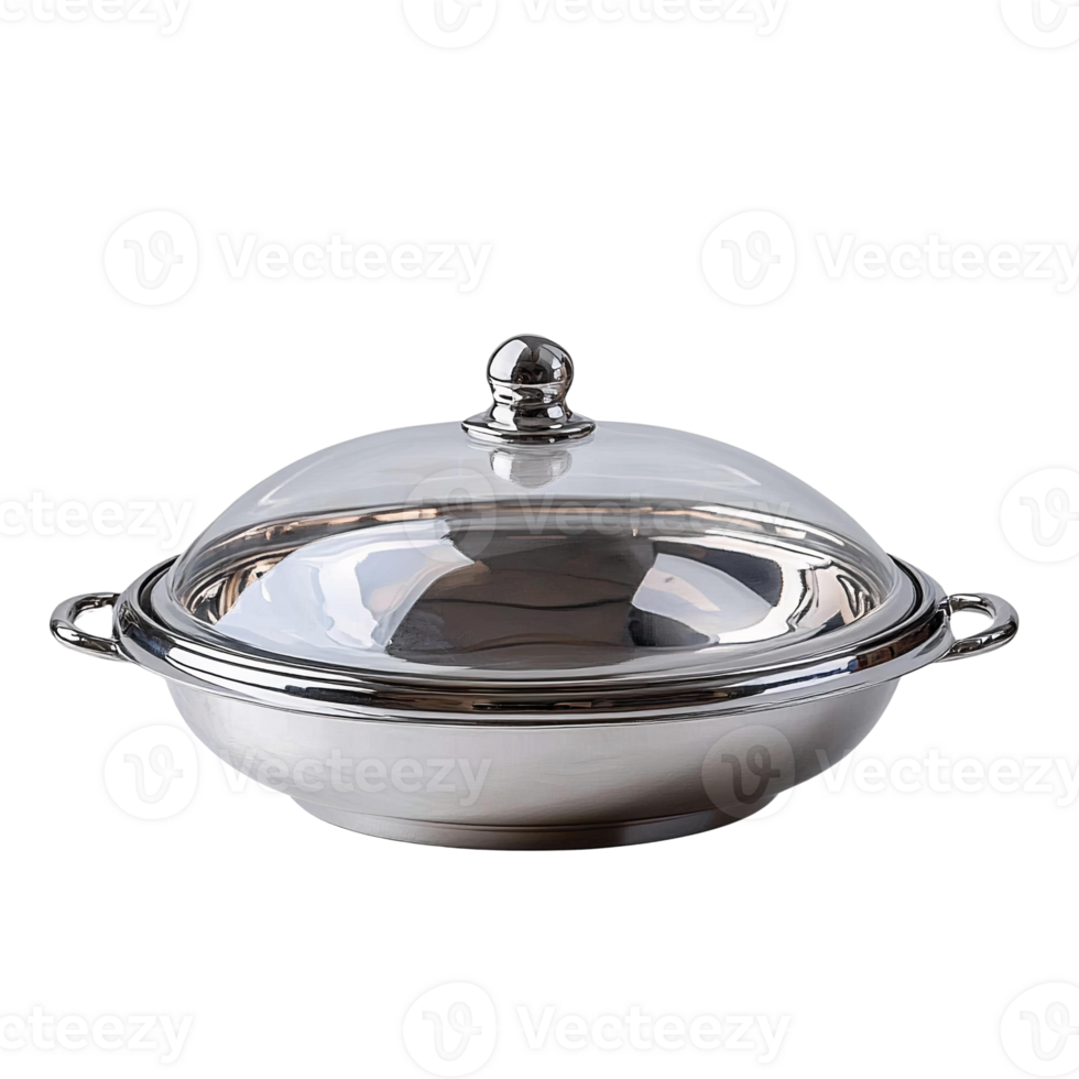 Silver chafing dish with glass lid, isolated on transparent background png