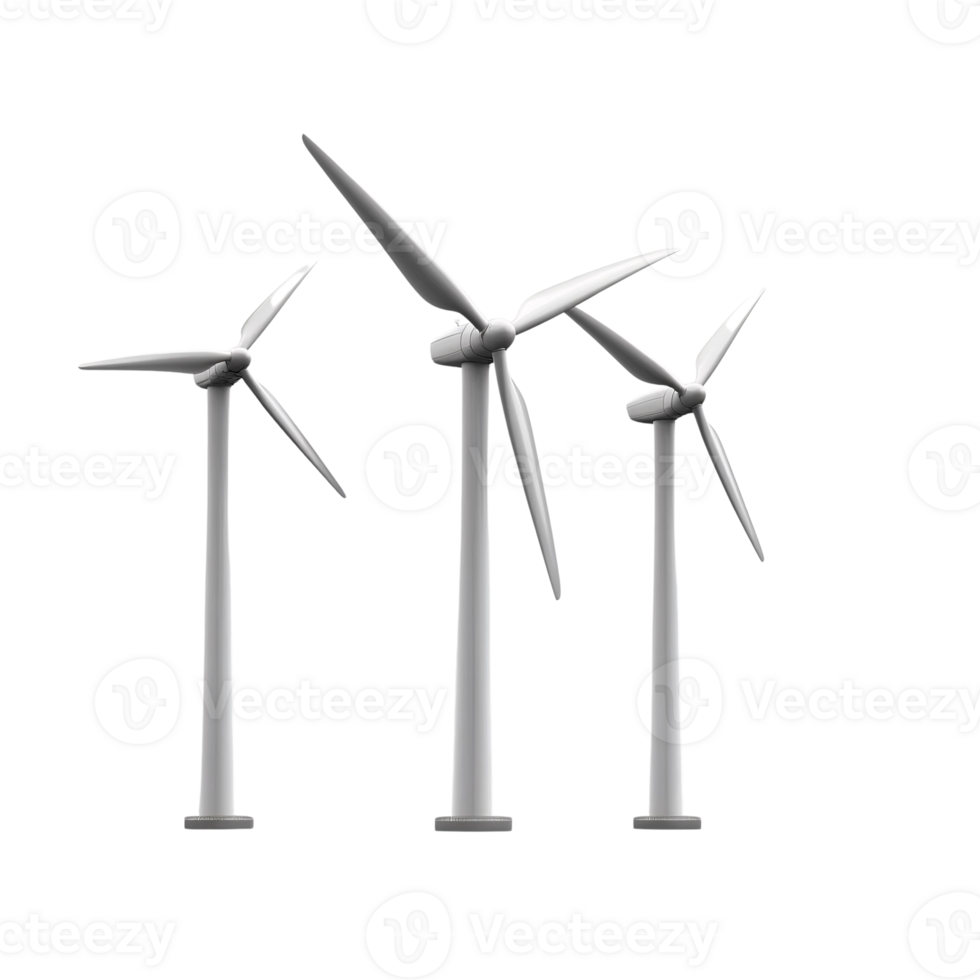 White wind turbines on white background 3d render png