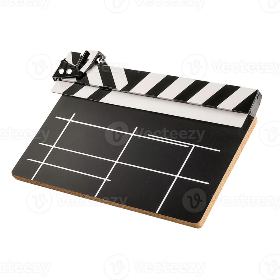 Black movie clapperboard with cork frame on transparent background png