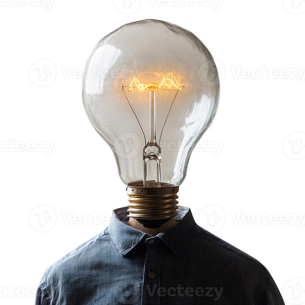 Glowing lightbulb head man on transparent background png
