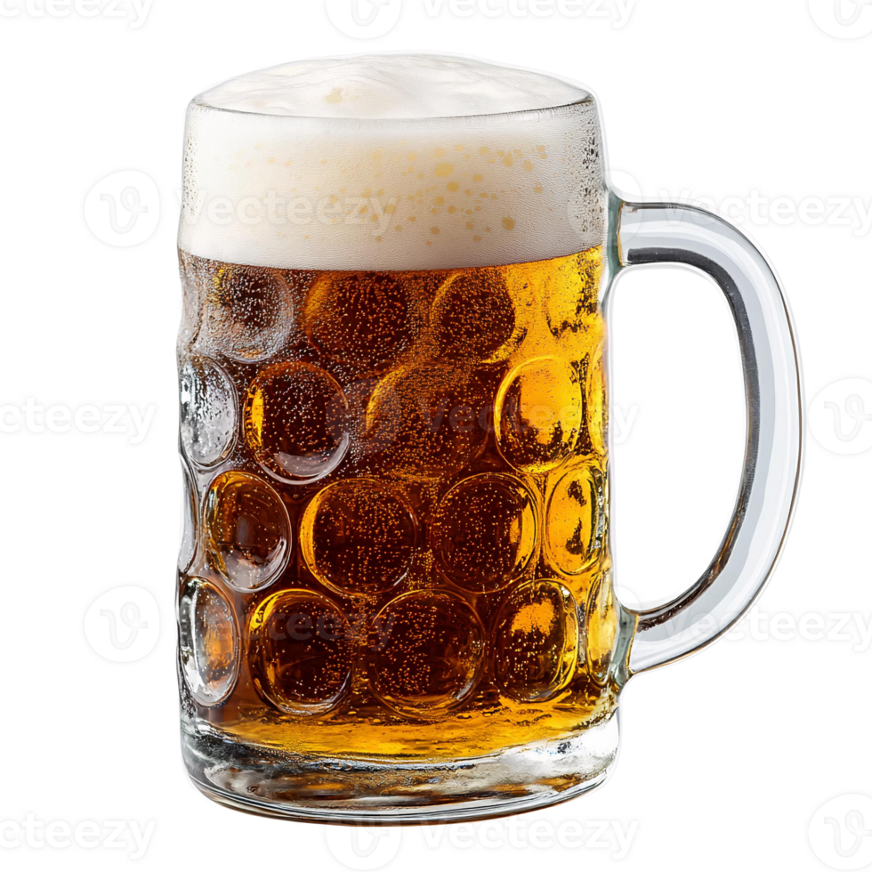 Beer in a glass mug with bubbles on transparent background png